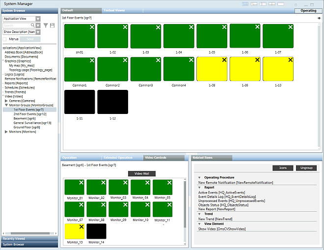 Beispiel von Symbolen für die Monitorsteuerung im primären Arbeitsbereich und im Kontextbereich.