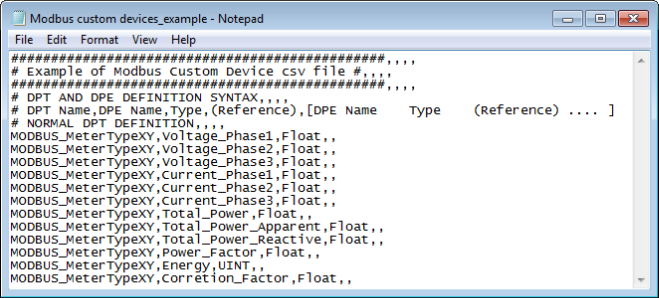 Beispiel einer individuellen CSV-Datei für ein Gerät (in Notepad geöffnet)